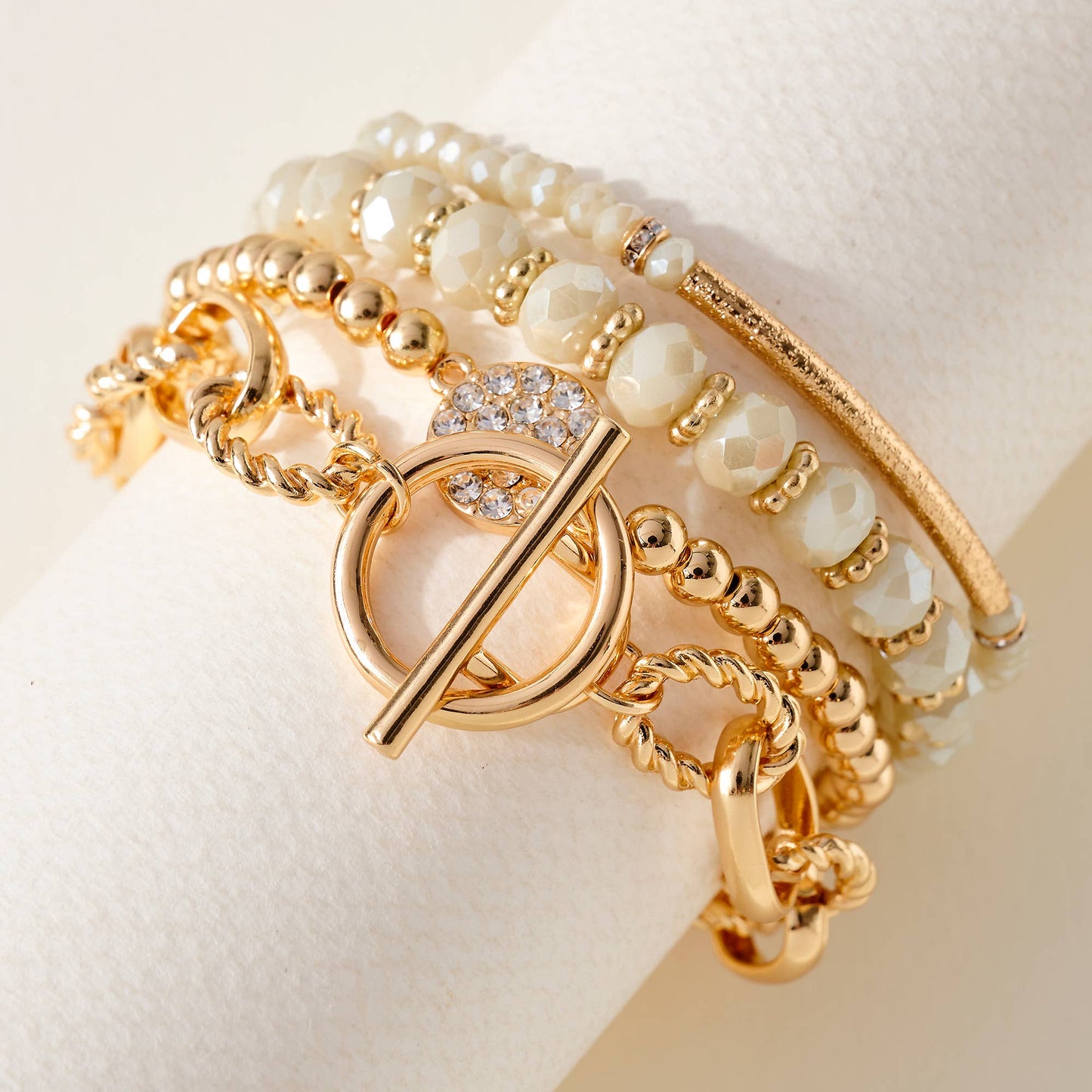 Chain & Rhinestones Glass Beaded Bracelet Set (Ivory)