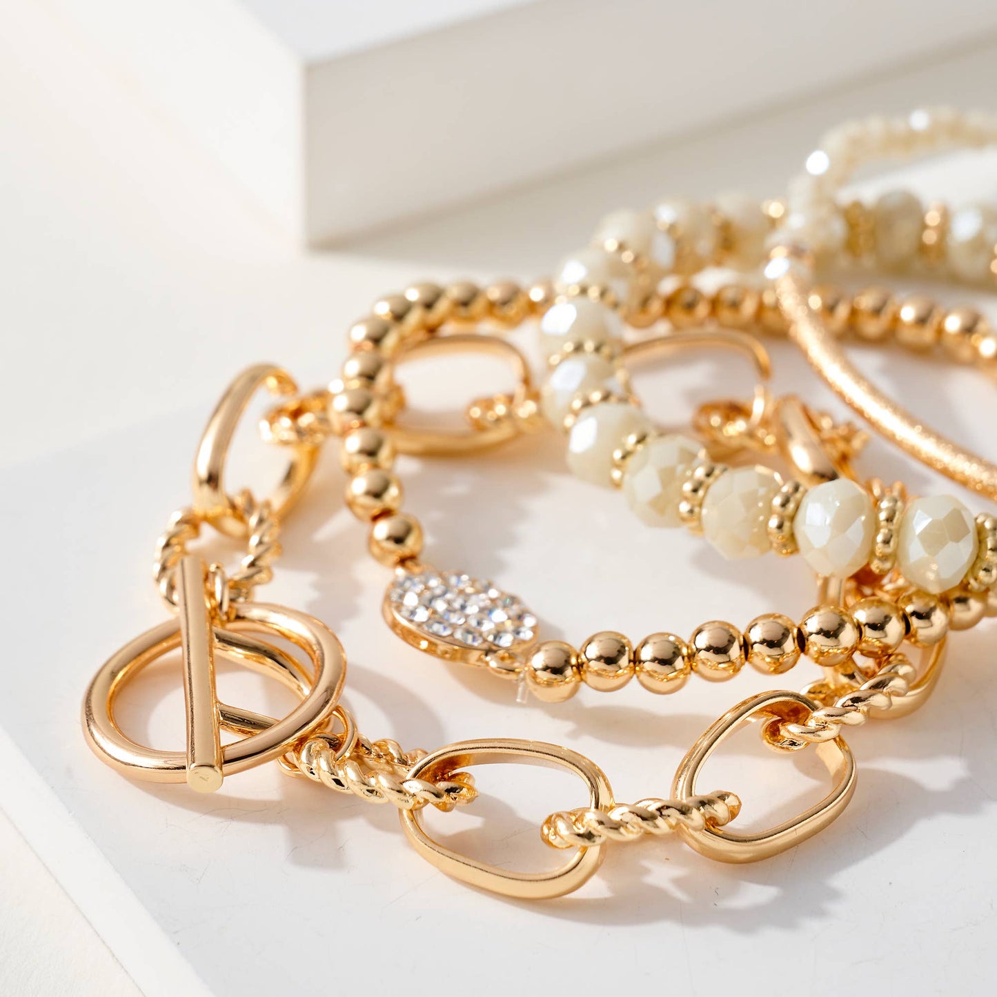Chain & Rhinestones Glass Beaded Bracelet Set (Ivory)