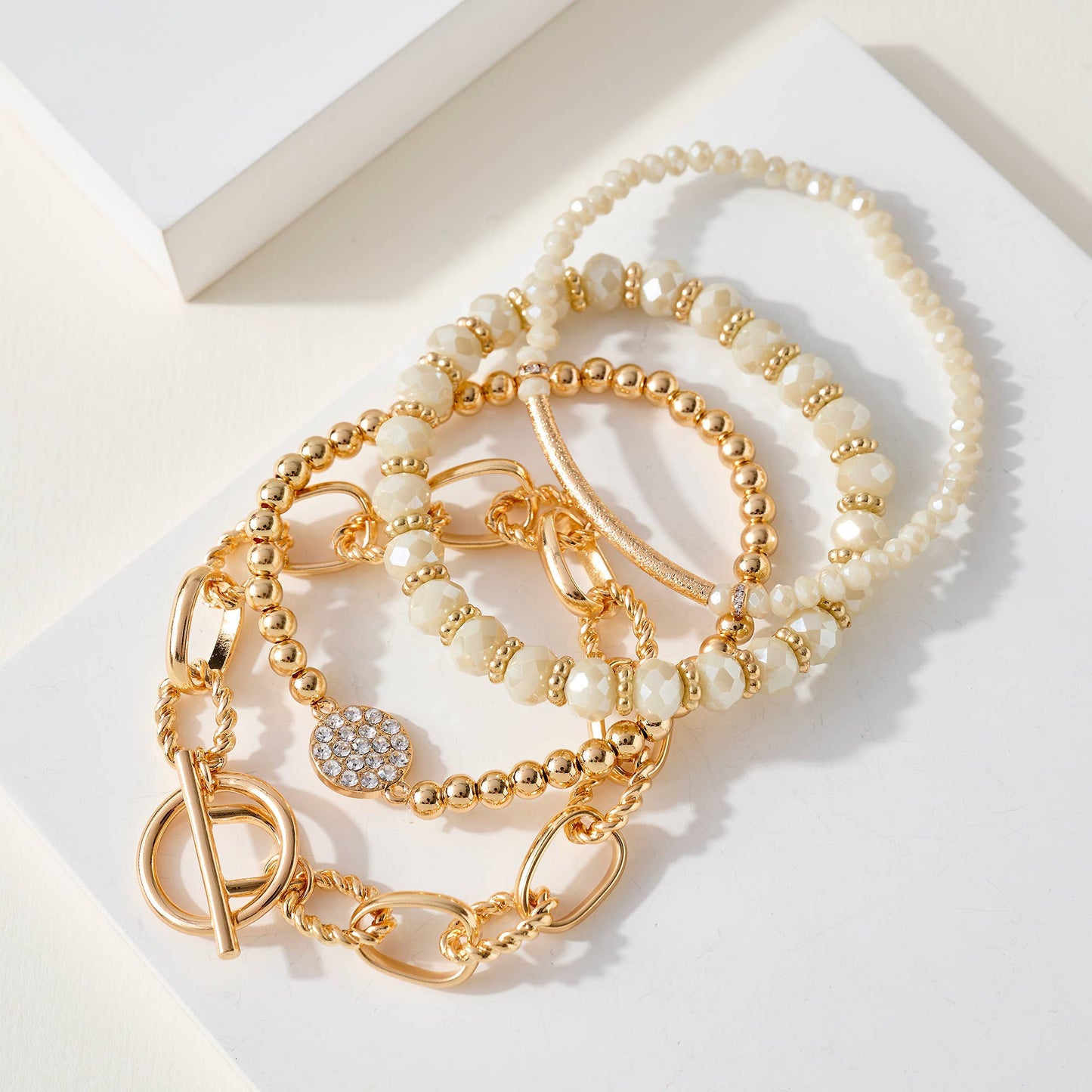 Chain & Rhinestones Glass Beaded Bracelet Set (Ivory)